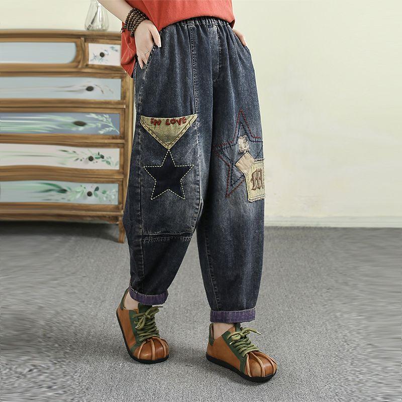 

Весна и Осень Новые Джинсы с Эластичной Талией, Ковбойские Брюки Харен с Высокой Посадкой, Пэчворк M