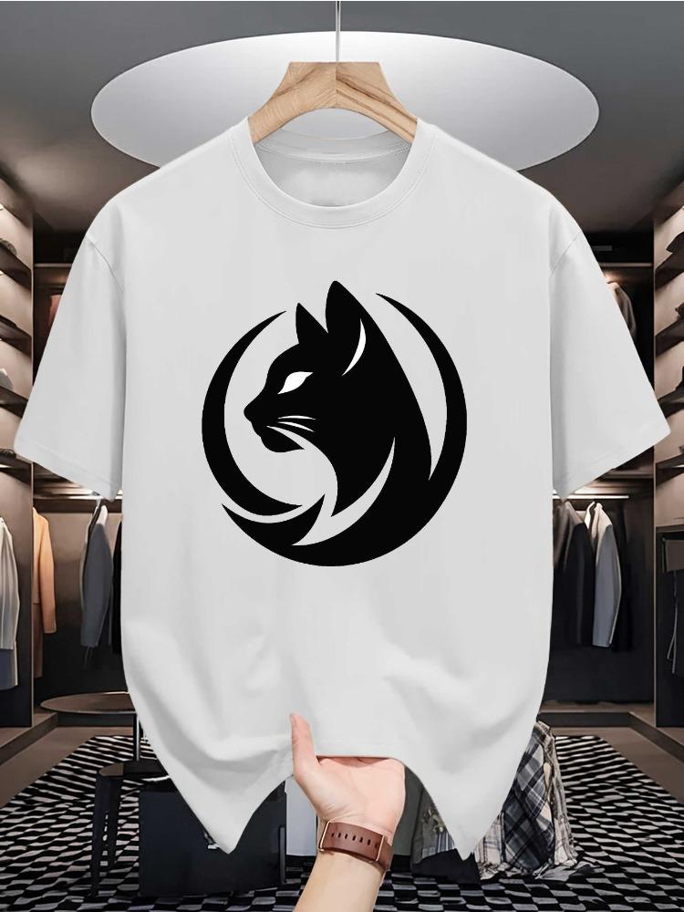 Trendy Unisexs Summer Tee Circular Cat Head Print Soft Cotton Crew Neck Short Sleeve Casual Loose Street Daily Wear Top Male