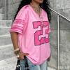 Women's oversized pink printed basketball shirt, retro short sleeved streetwear shirt, Y2K hip-hop sports T-shirt