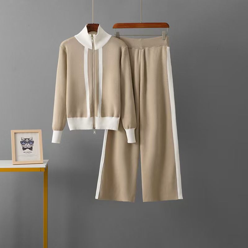 

Модный ветер Модный вязаный трикотажный костюм-двойка с топом на молнии и свободными брюками Khaki One size