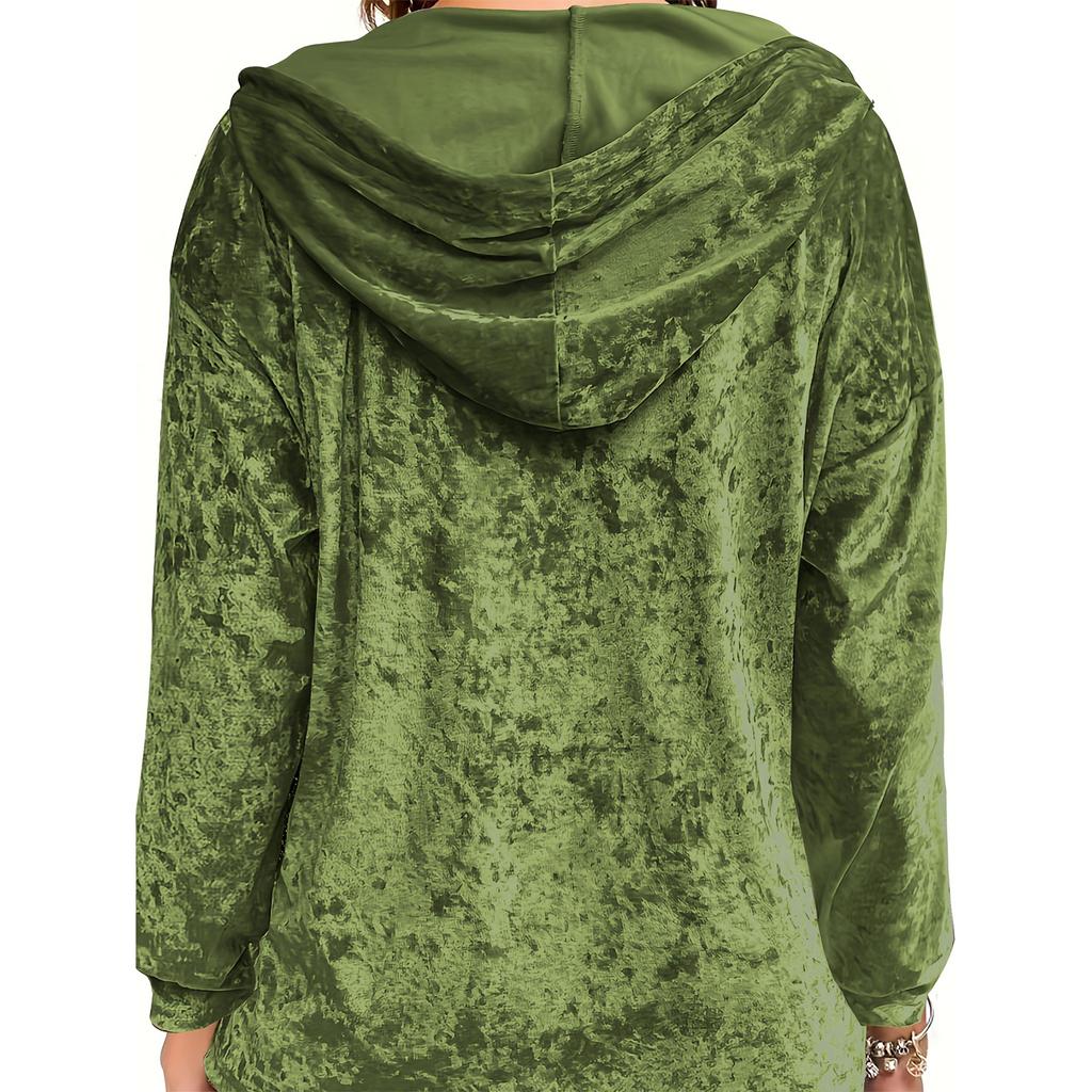 Ladies' Loose And Comfortable Gold Velvet V-neck Dawstring Hooded Button Up Oversized Top