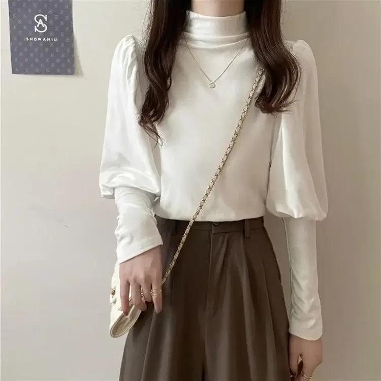 

WTEMPO Женские длинные рубашки с рукавами-епископами, тонкие однотонные футболки, футболки осень-зима, винтажная одежда осень-зима 3XL белый