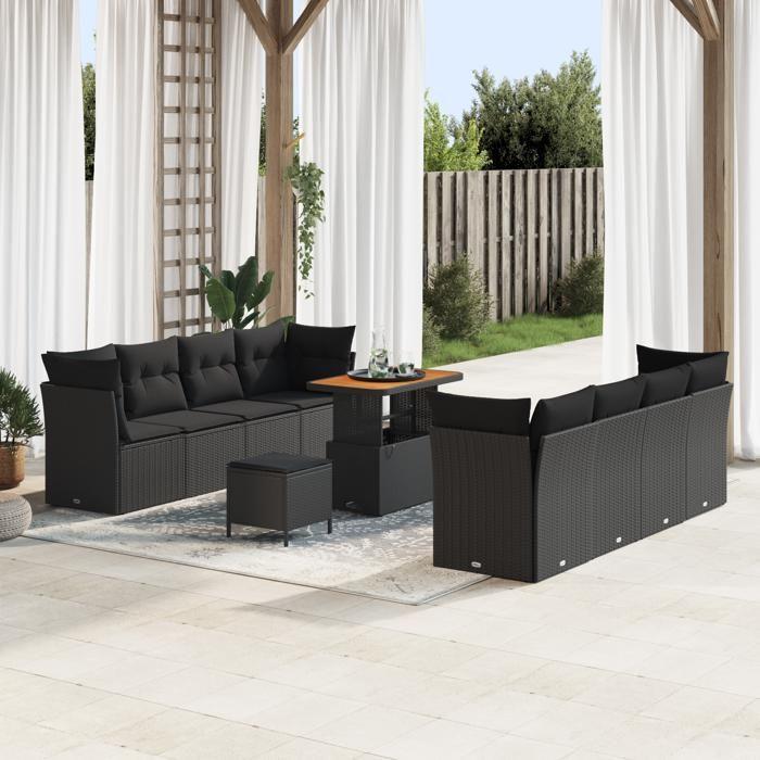 Ensemble de canapé de jardin 11 pièces avec coussins en rotin noir, Ensemble de salle à manger de jardin 3 pièces 3363409
