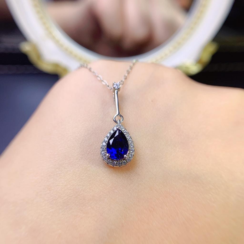 Sapphire Necklace Luxury Creative Blue Sapphire Pendant Necklace Female Sterling Silver Chain Necklace Wedding Jewelry