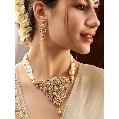 Gold-Plated Handcrafted Artificial Kundan Jewelry Choker Set with White Stone Matching Earrings For Women and Girls