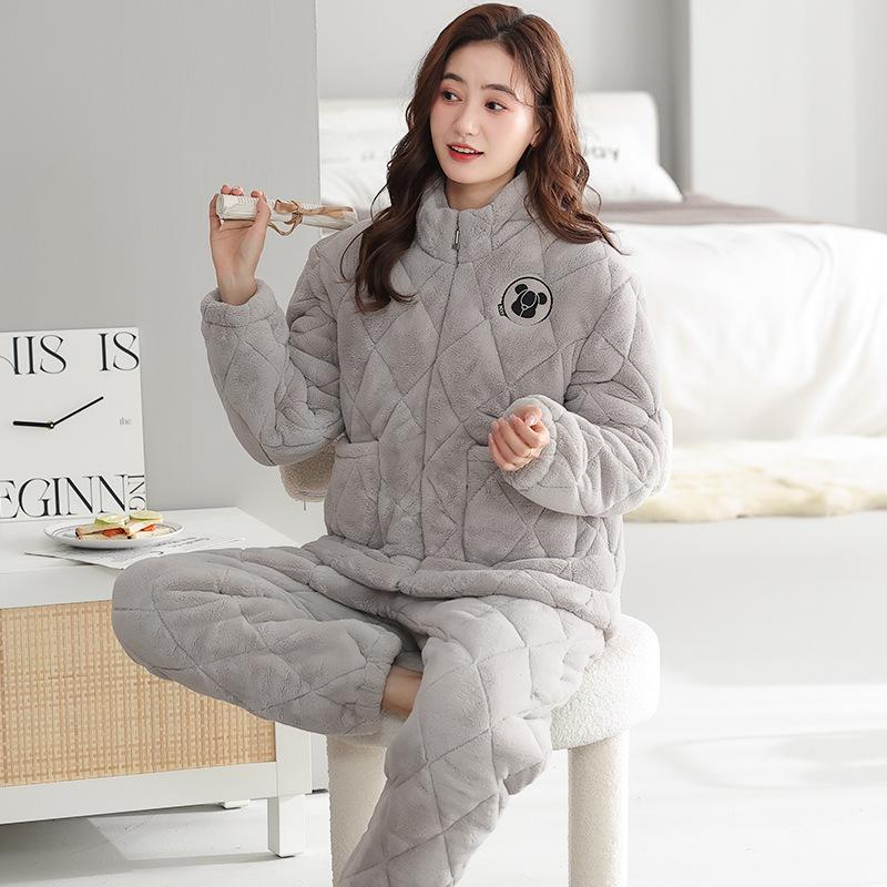 Winter Couple Pajamas Women'S Three-Layer Padded Cotton Thickened And Velvet Winter New Warm Men'S And Women'S Zipper Loungewear Set