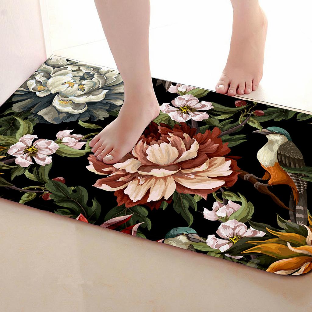 3D Flower Bird Print Soft Kitchen Rug Anti-Fatigue Kitchen Rug Waterproof Non-Slip Rugs Set Runner Rug Bedside Rug Absorbent Carpet For Kitchen KTY