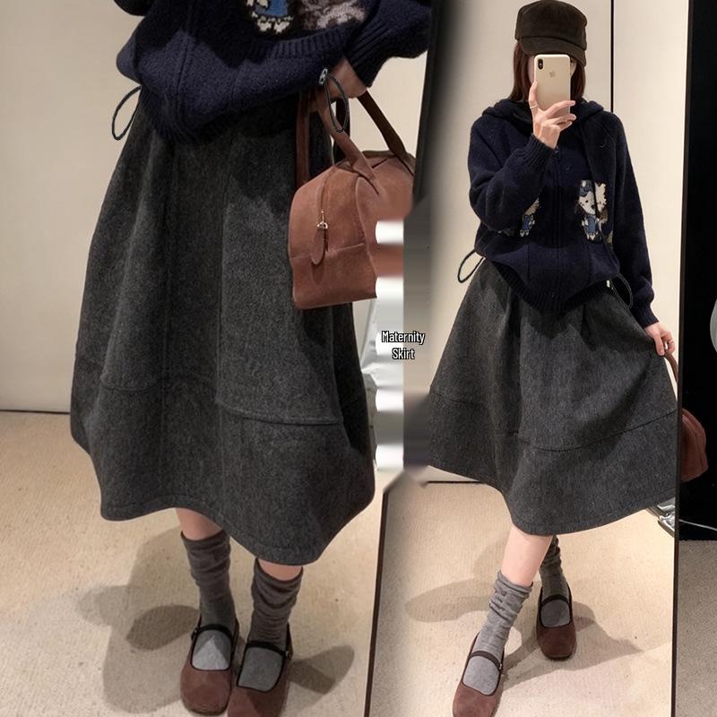 

Maternity Retro Woolen Skirt - Korean Minimalist Autumn/Winter Collection 2XL темно-серого