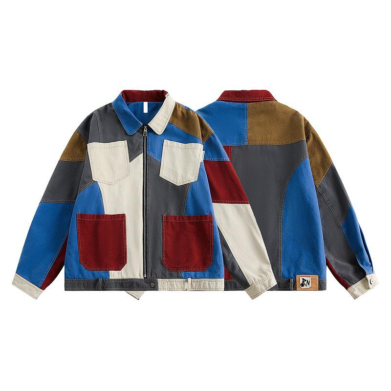 Unisex Retro Patchwork Colorblock Jacket - Spring/Autumn 2026, Oversized Workwear Style