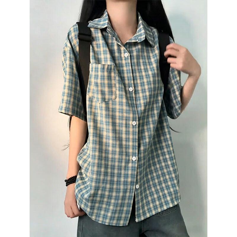 Retro Hong Kong Style Plaid Short Sleeve Shirt
