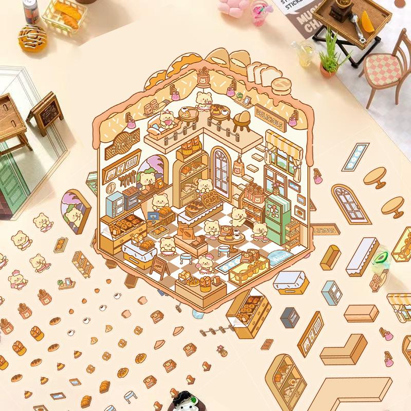 Cartoon Landscape Sticker Bear Bakery Miniature World 3D Hut Unzip DIY Scene Manual Post