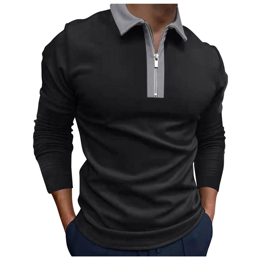 Men's Fashion Zipper Stitched T-Shirt Long Sleeve Lapel Pullover Top Blouse