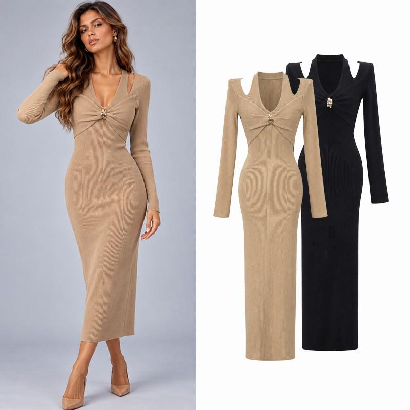 Sexy Off Shoulder Knit Dress V-Neck Bodycon Long Women Lady Party Cocktail