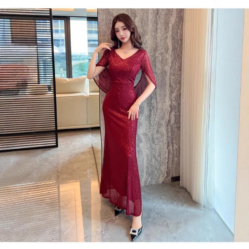 Black Evening Dress Skirt Women's High-end Toasting Clothes Light Luxury Sequins Niche Banquet Host Fishtail Dress