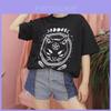 Damen Mädchen Lustiges Kurzarm Mond Katze Print Punk Gothic Lässiges Oberteil Bluse