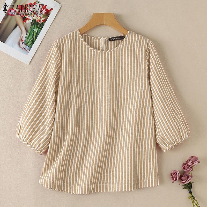 ZANZEA Womens Casual O-neck Loose Stripe 3/4 Sleeve Blouse