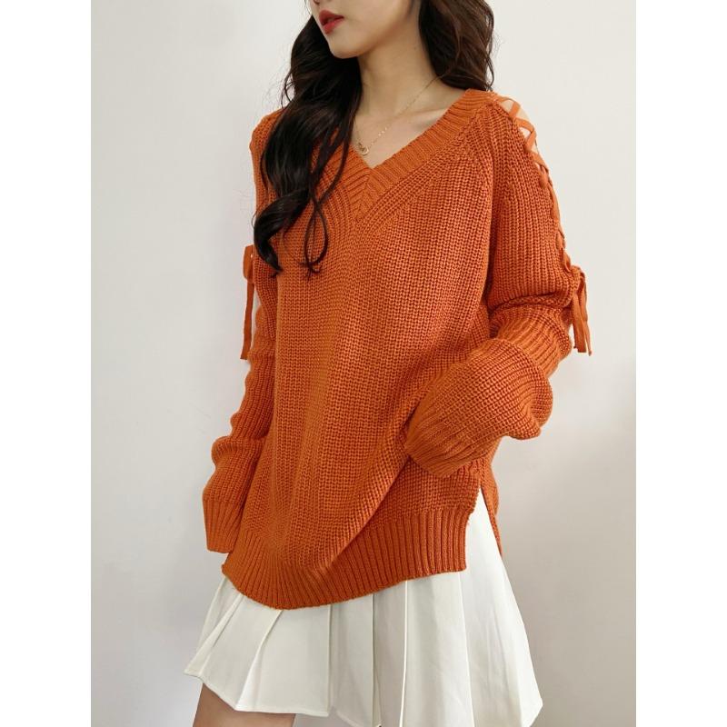 Autumn and Winter Women's Solid Color Strapless Long-sleeved Knit Sweater V-neck Pullover Breathable Loose Sweater Bottoming Shirt Fashion Tops