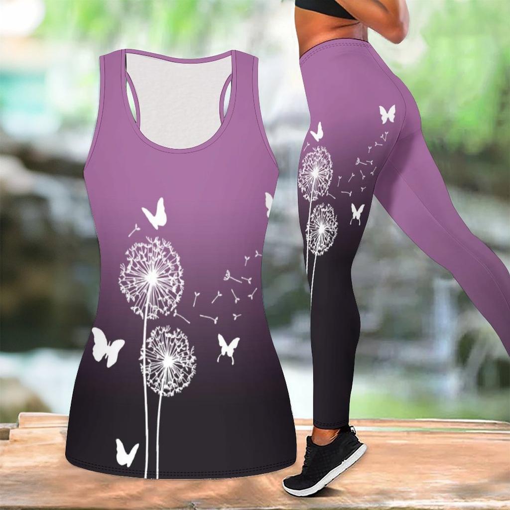 Completo Yoga con Stampa Farfalla per Donna Moda Leggings da Allenamento Fitness Sportivo Set Yoga Casual Tuta Sportiva