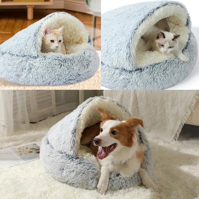Yousheng Round Hooded Plush Pet Bed Semi-Enclosed Indoor Small Cat Dog Cave Bed Winter Warm Kitten Puppy Sleeping Nest Pet Supplies