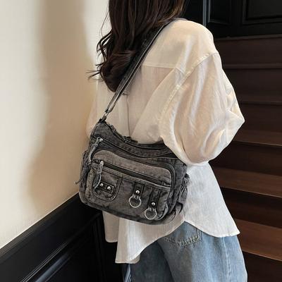 Vintage Washed Denim Bag Multi-pocket Commuter Practical Shoulder Messenger Bag Tote Bag 2025 New Bag