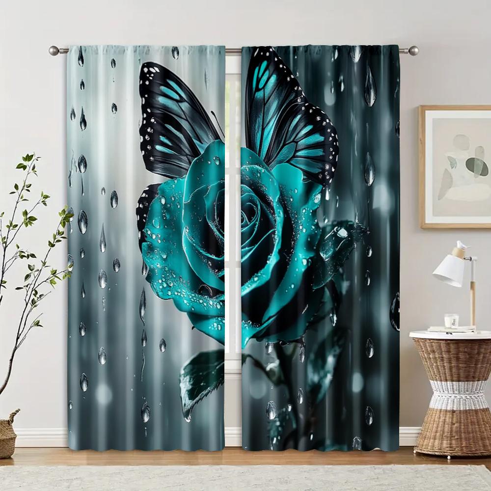 

2 pcs, filtering curtains (excluding rods, non-movable, without batteries) A turquoise rose and butterfly for use in bedrooms 29x65in(75x166cm)