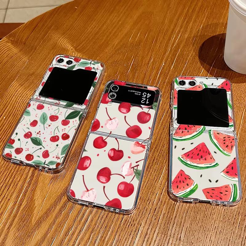 For Samsung Galaxy Z Flip 3 4 5 6 7 Case Cherry Watermelon Fruits Hard Clear Folding Cover For Samsung Z Flip6 Flip5 Flip4 Flip