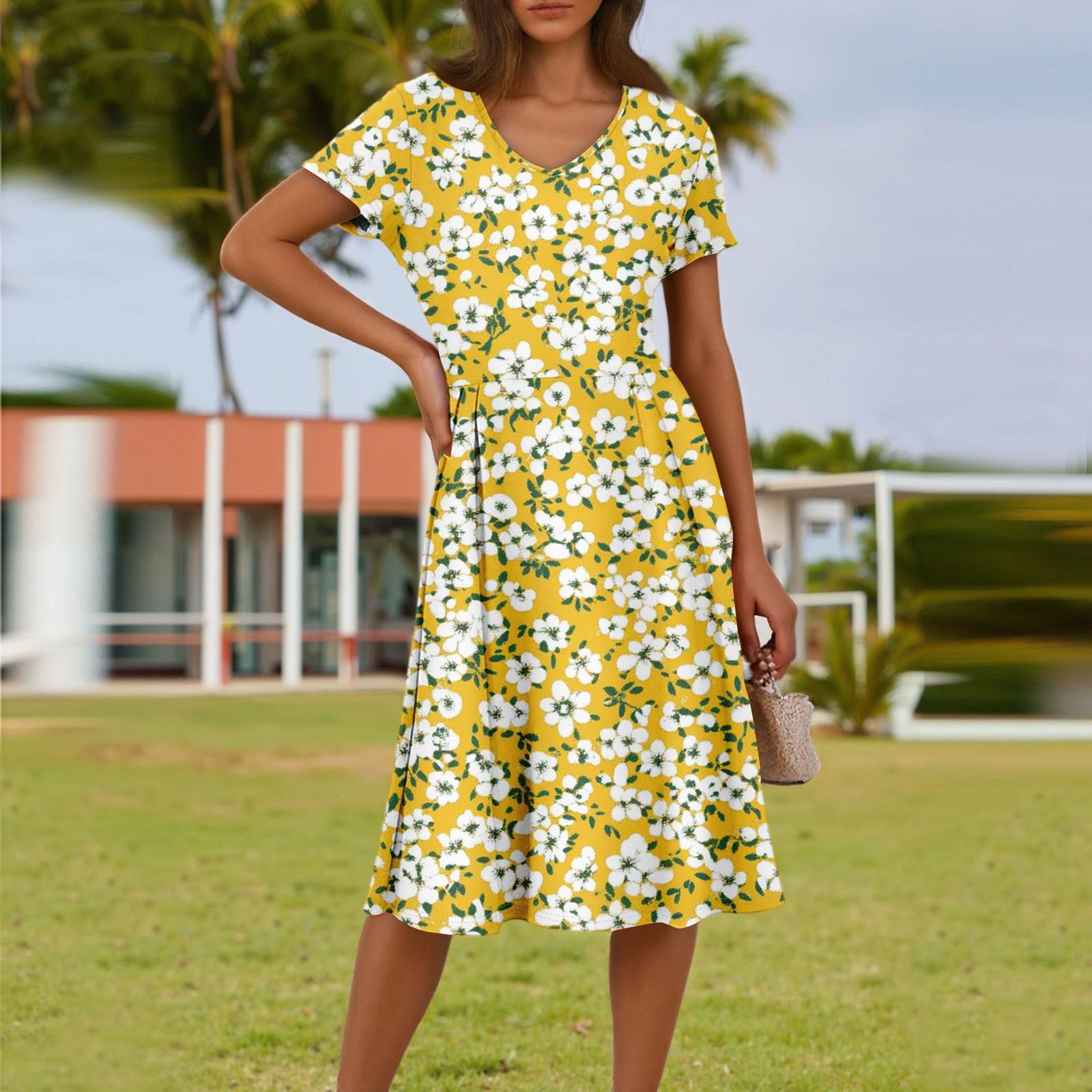 

Женское летнее модное повседневное платье с цветочным принтом, V-образным вырезом, короткими рукавами и карманом XL жёлтый