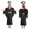 Girls 3 Piece Angel Costume Long Sleeve Gold Trim Gown Feather Hairband Angel Wings Dress Up Performance Outfit
