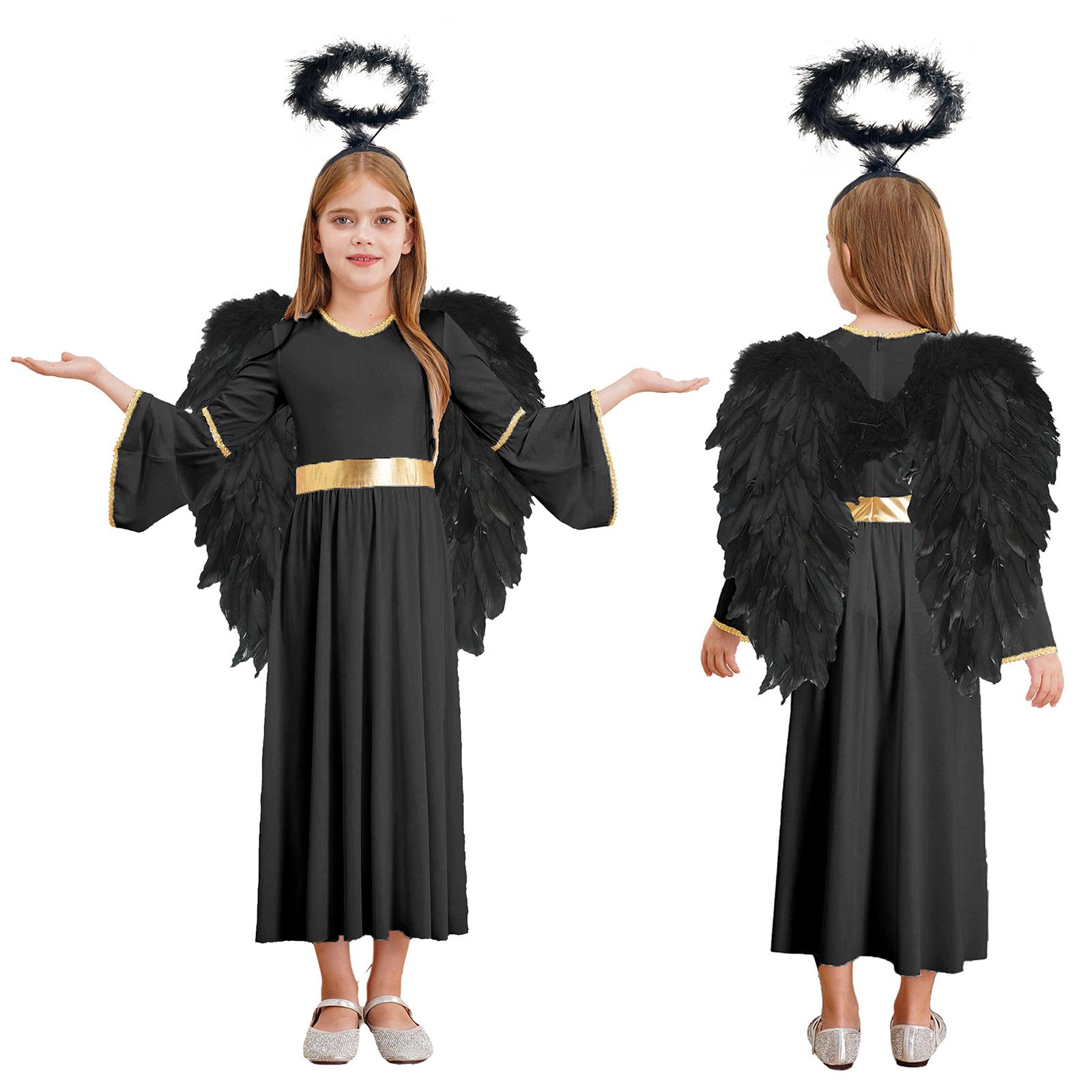 

Girls 3 Piece Angel Costume Long Sleeve Gold Trim Gown Feather Hairband Angel Wings Dress Up Performance Outfit 5-6 Years чорний