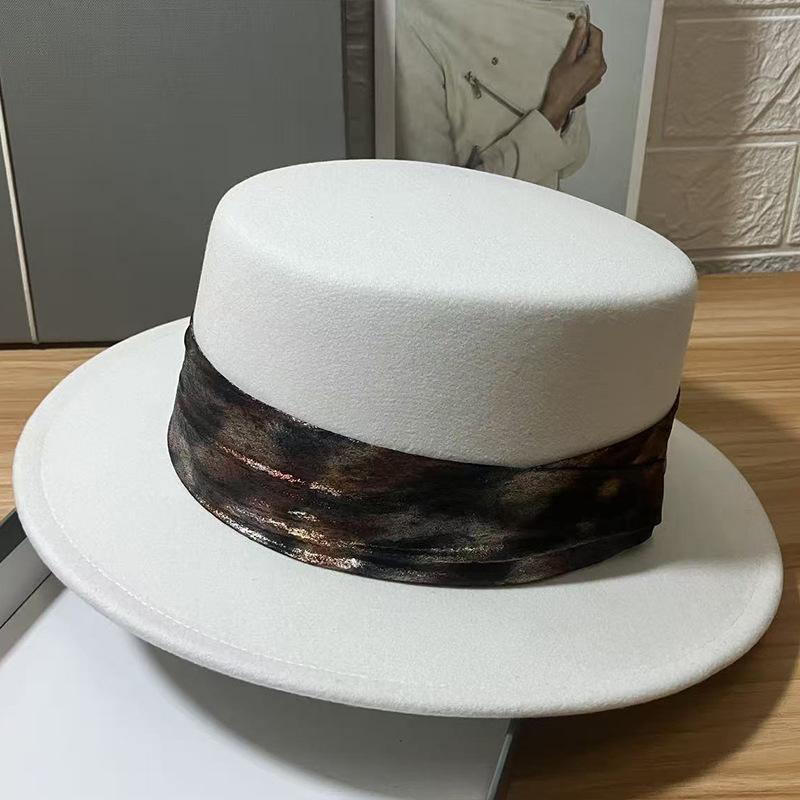 Winter new imitation wool flat top hat women's pleated elegant top hat versatile fashion felt top hat French retro hat