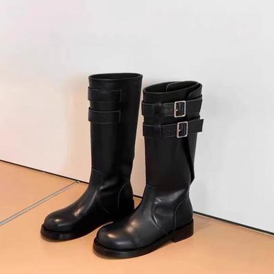 Metal Belt Buckle Low Heel Mid-Leg Boots Fashion Round Toe Soft Leather Autumn New High Knight Boots for Women