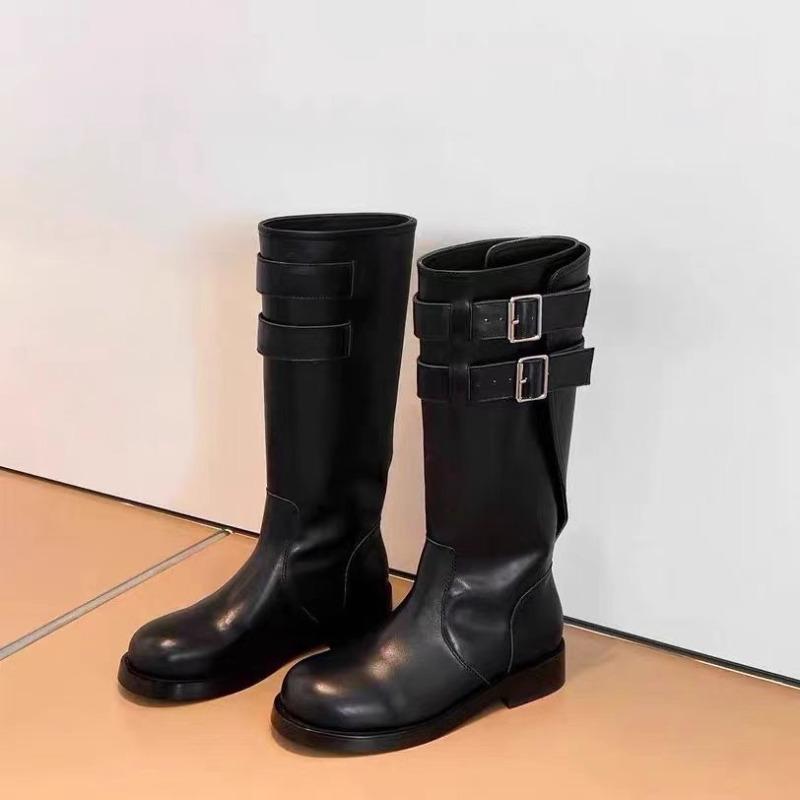 Metal Belt Buckle Low Heel Mid-Leg Boots Fashion Round Toe Soft Leather Autumn New High Knight Boots for Women