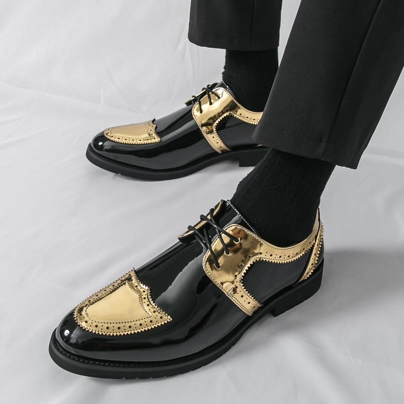 Luxury New Designer Men's Gold Silve Black Mixed Lace Up Fashion Patent Leather Shoes Formal Wedding Dress Homecoming Footwear