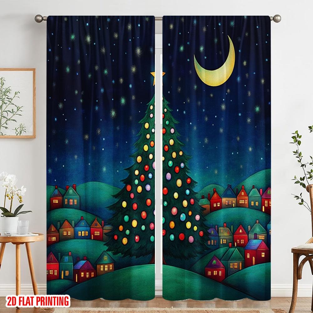 2pcs,2D Plane Printing Popular Curtain Panels Christmas Tree Village Night Polyester (without Rod) Versatile All Perfect for