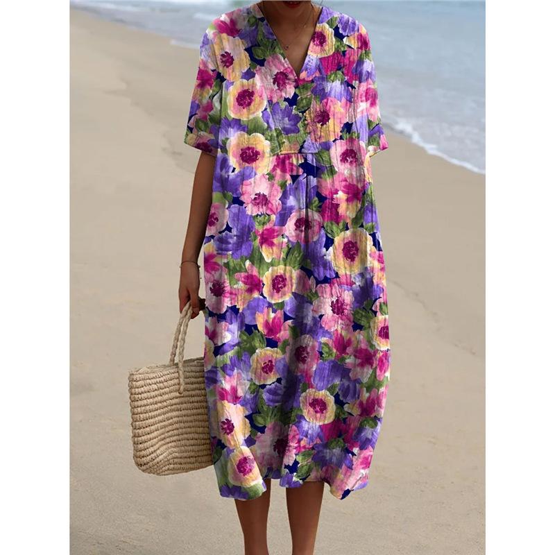 Y New Temu Digital Printing Loose Deep V-Neck Dress - Bamboo Hemp S