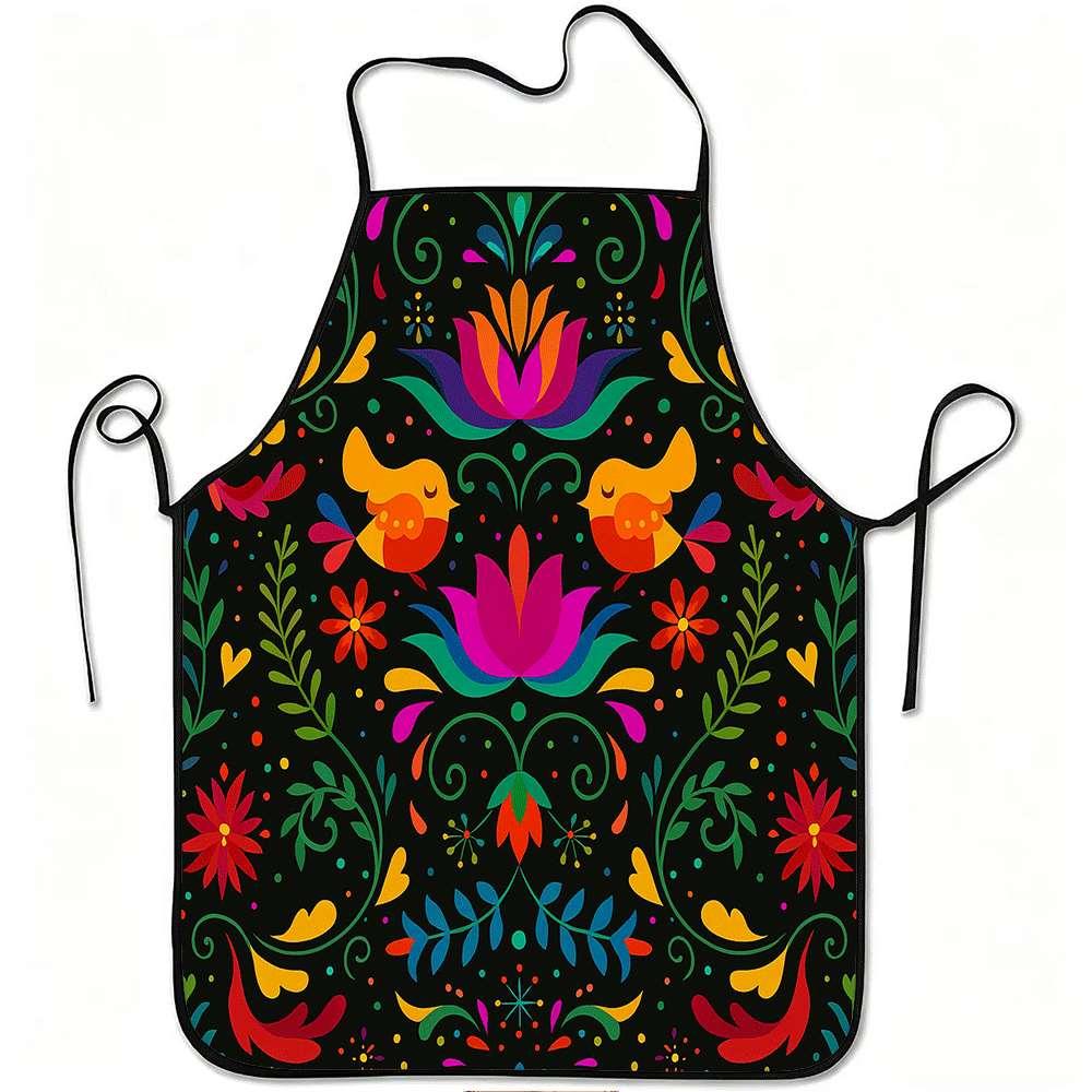 Folk Style Colorful Floral Bird Printed Apron Retro Art Plant Bird Pattern Cooking Apron