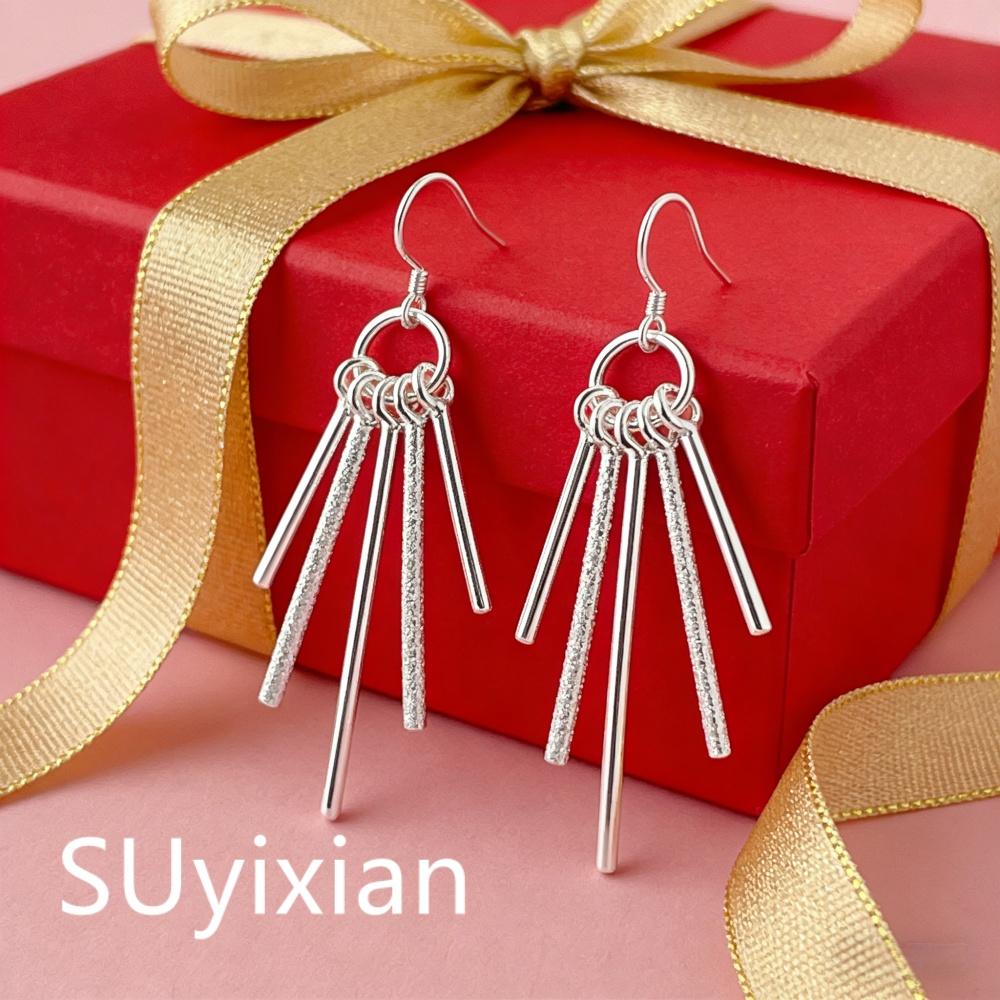 925 Sterling Silver Stylish Simple Tassel Earrings Birthday Party Anniversary Gift серебряный