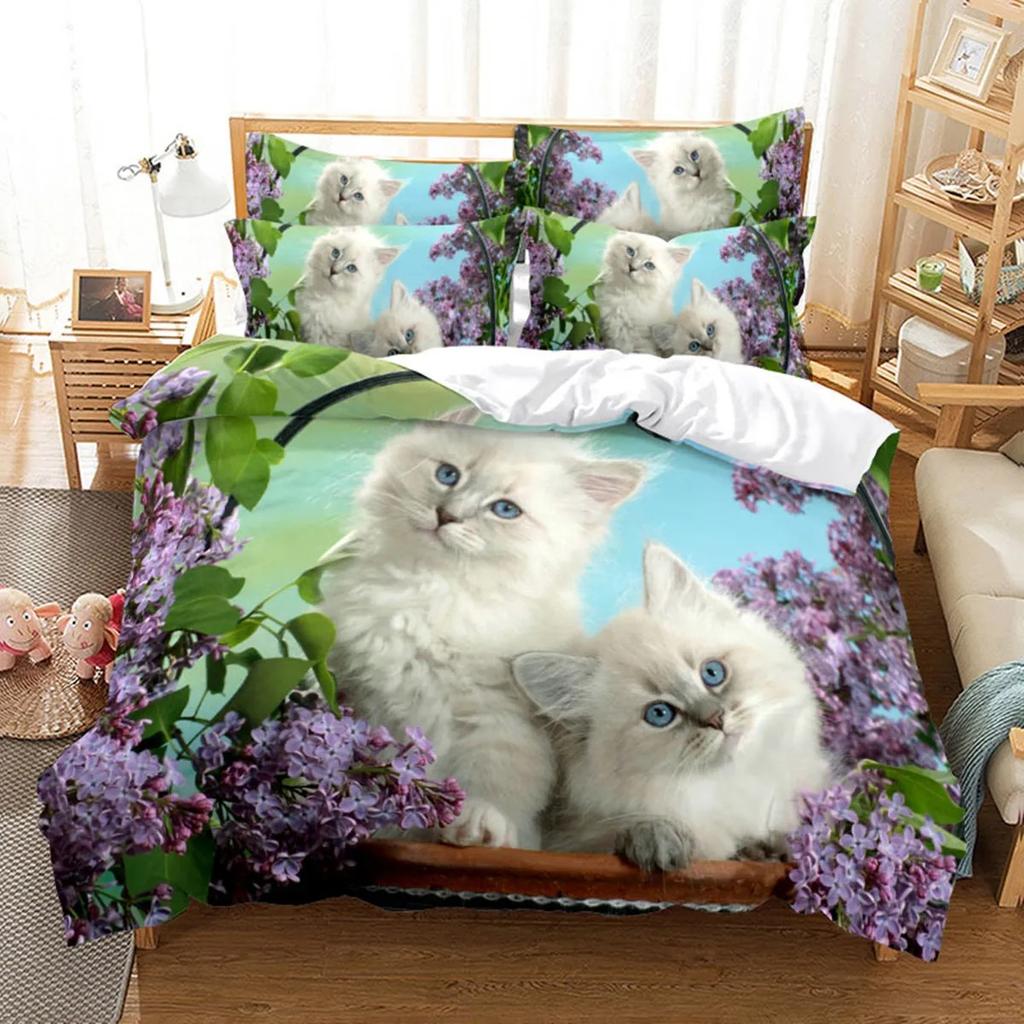 3D Cat Cute Kitten Bedding Sets Quilt Bed Cover Comforter Duvet Cover Pillow Case 2-3 Pieces Sets Kids Adult Bedroom Decoration