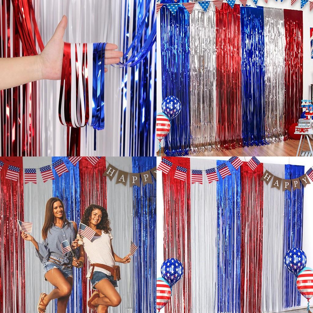 Festive Red Silver And Blue Foil Tinsel Curtain For Independence Day Celebration