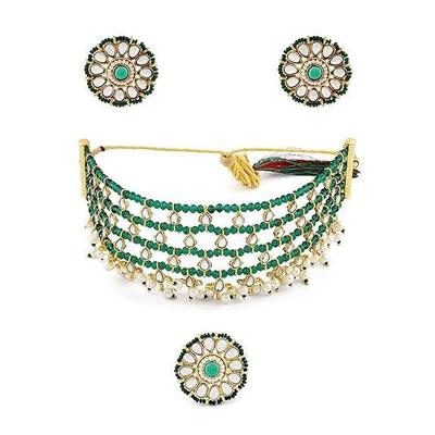 Zelené krystaly Korálkový Kundan Choker Náhrdelník Náušnice a Prsten Set Pro Ženy
