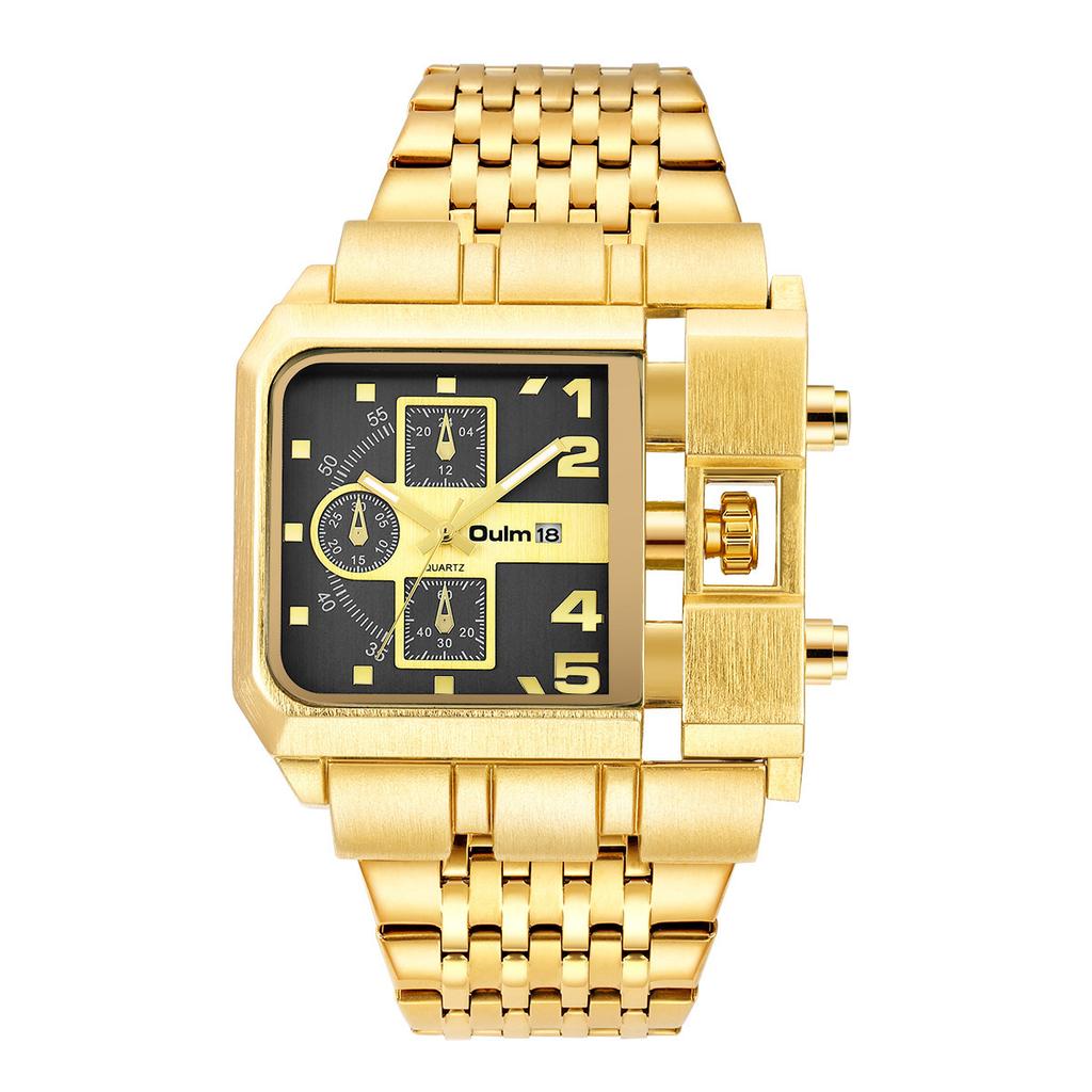 Oulm Gold Large Dial Men'S Watch Steel Belt Calendar Square Quartz Men'S Watch Casual Wind Wrist