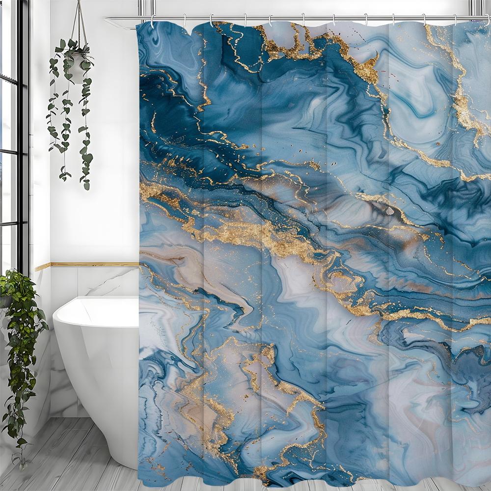 Blaue Marmorierte Fließkunst Duschvorhang, Dekorativer Duschvorhang für das Badezimmer, Wasserdichter Duschvorhang mit Haken