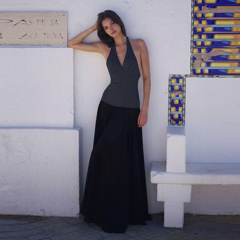 

Порывистый Французский Чистое Желание Ретро Горошек Пэчворк Длинное Платье Женский Молодой Взрослый Леди как Женщина Элегантное Глубокое V Холтер Платье со Шнуровкой Black S