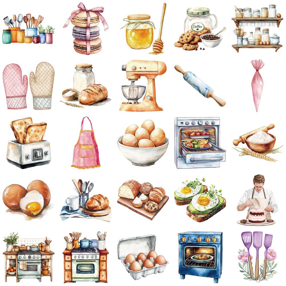 50-Piece Creative Baking-Themed PET Transparent Stickers for Water Bottles, Phone Cases, and Laptops