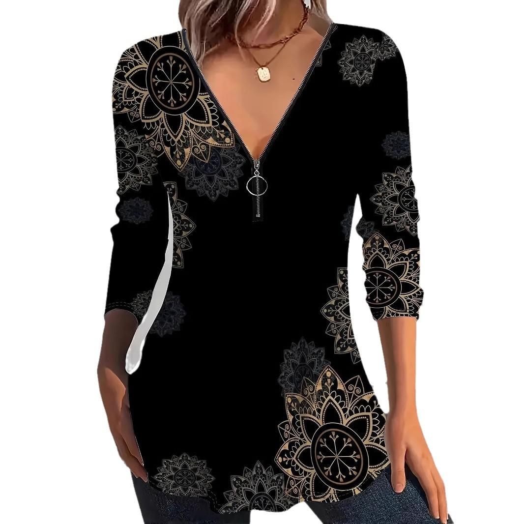 Women s V Neck Long Sleeve Half Zip Floral Print Regular Fit Elegant Casual Blouse Top S
