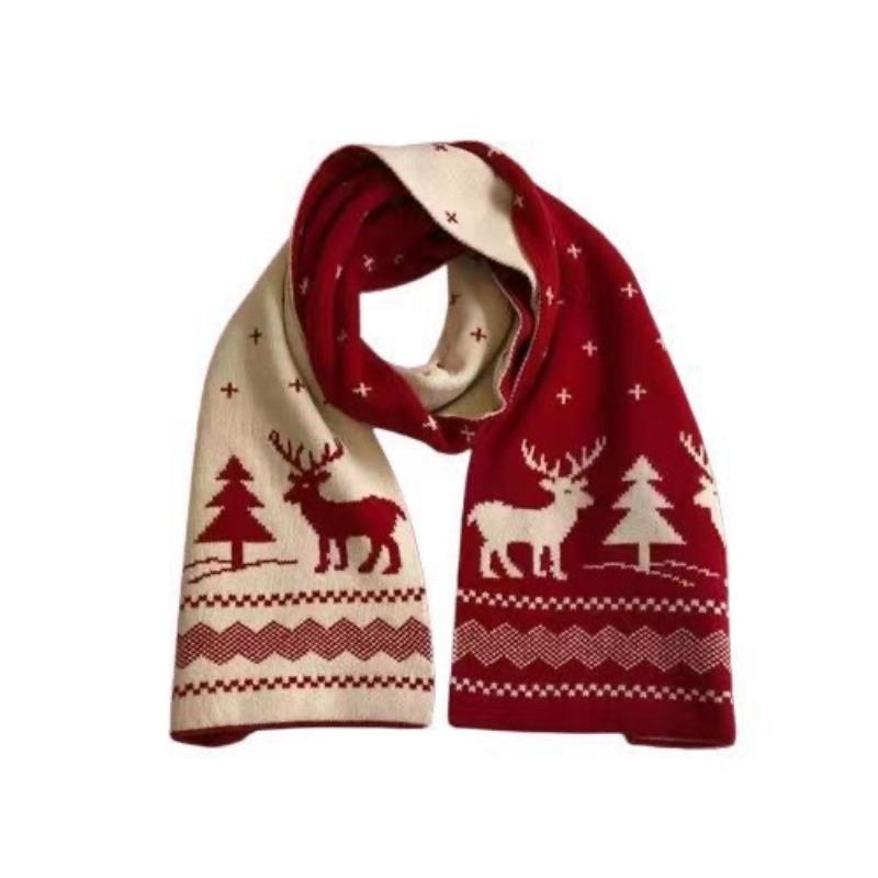 Christmas Scarf Women's Winter Gift Knitted Scarf Red Cute Deer Warm Thickened Wool Scarf