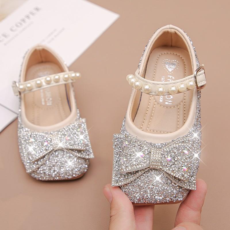 Girls leather shoes rhinestone bow girls princess shoes 2025 new children's soft-soled single shoes foreign style crystal shoes tide