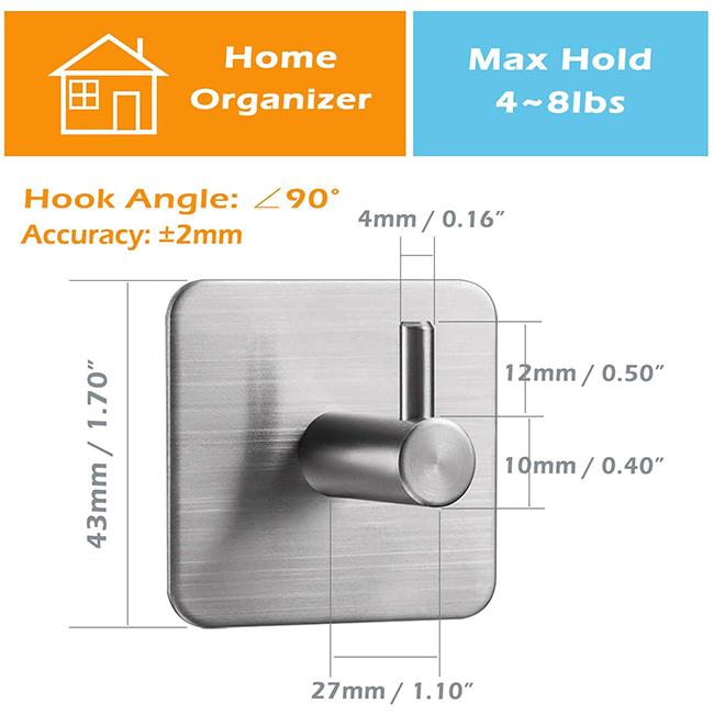 Custom Printed Self-Adhesive Towel Hooks Self Adhesive Holder Matte Black Kitchen Stainless Steel Home Square Hook