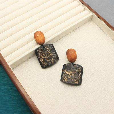 Brass Wood Earrings Plant Floral Vintage Carved Earrings Mon Italian Design Oak Nails