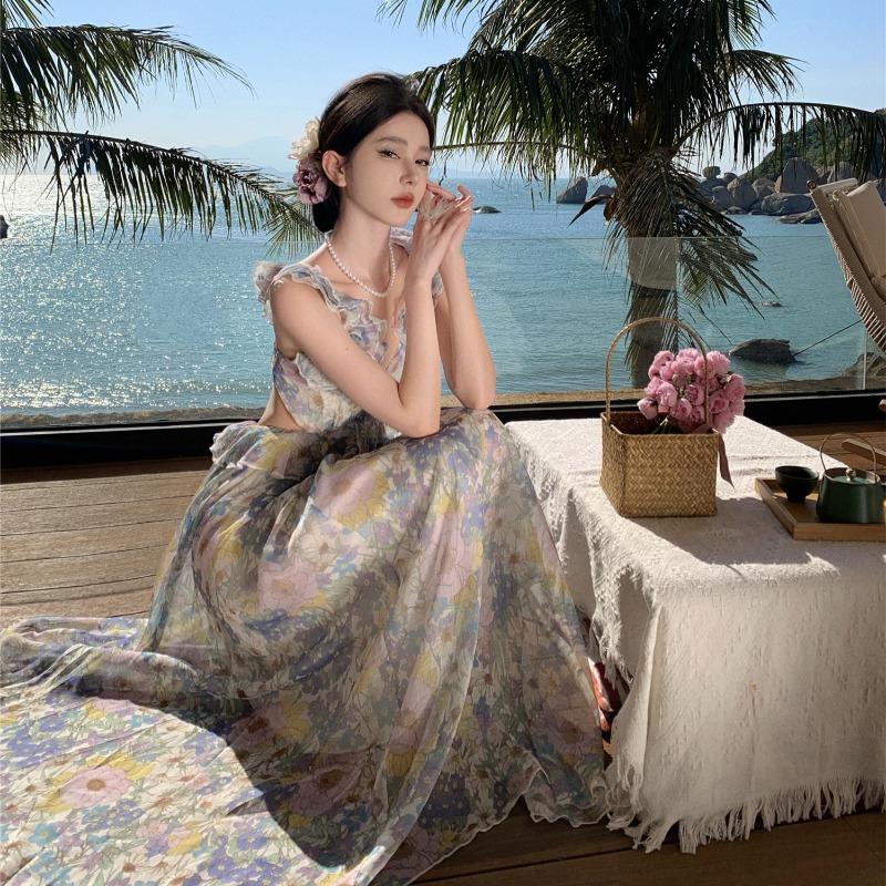 French Style Summer Sexy Backless Floral Dress with String,  Beach Holiday Dress